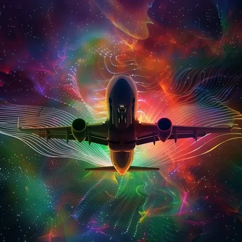 Album cover for Wave–Particle Duality - an airliner ascending through a field of refracting light and standing waves