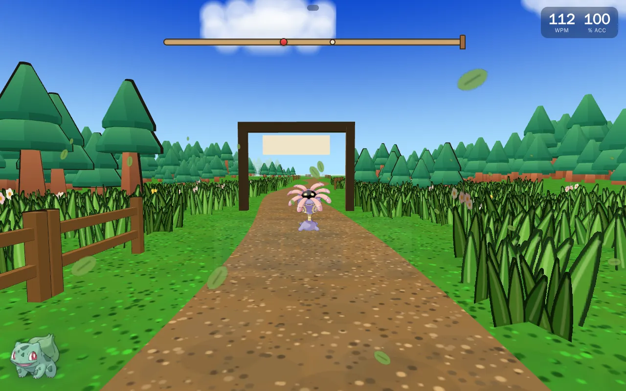 A wild Pokémon steps out of the grass on a 3D Route 1 while the live words-per-minute and accuracy HUD tracks a name being typed