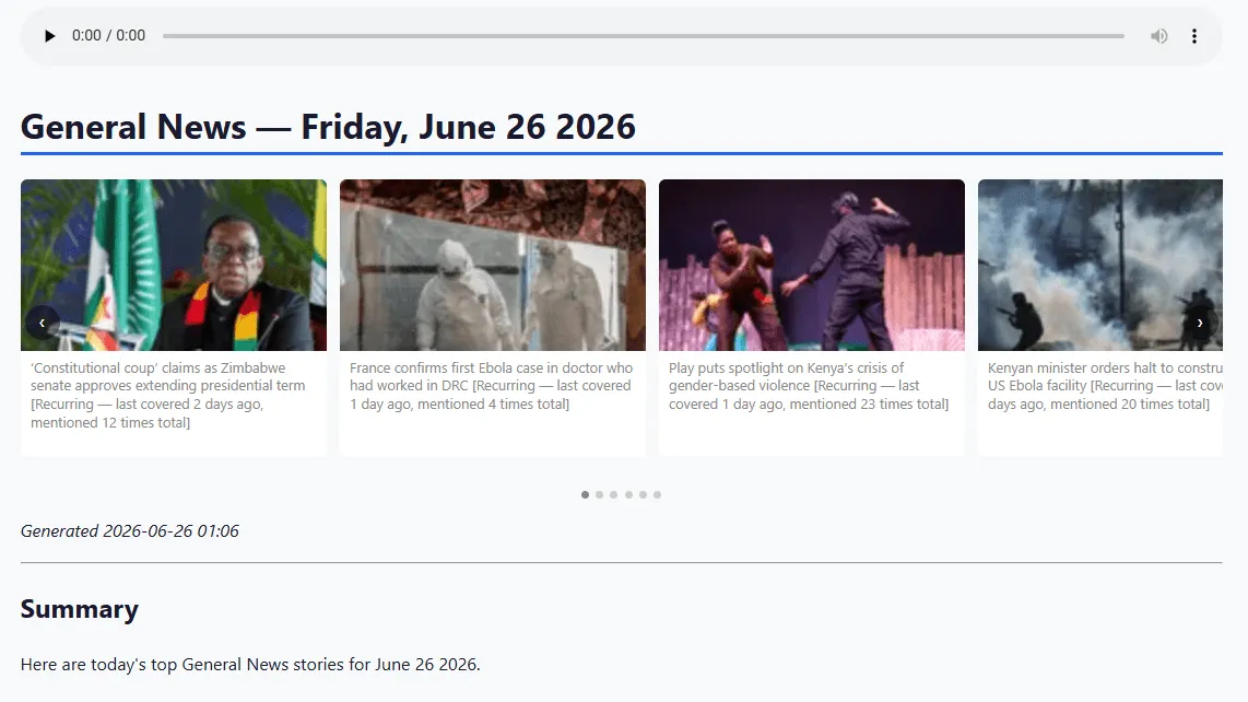 A daily General News digest on digest.leoszeto.com - the dated masthead, a photo carousel pulled from the source feeds, and the start of Claude's balanced summary