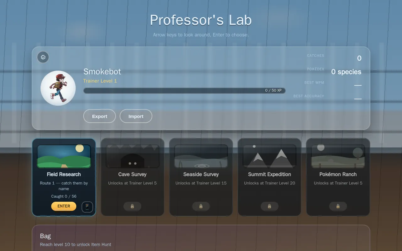 The Pokémon Lab hub - a trainer card over four research stations, only Route 1 unlocked at level one, the rest gated behind a trainer level so the game feels larger than it is