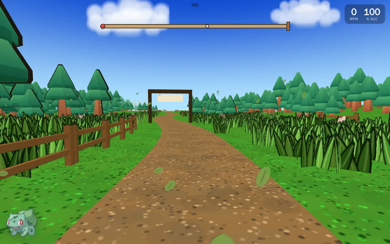 The 3D Route 1 scene - an auto-walking camera down a grassy road toward the route gate, instanced wind-blown grass on both sides